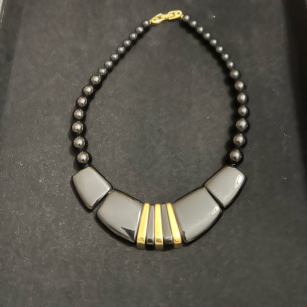 NAPIER Book Piece Vintage Set 80s Black & Gold Chunky Necklace & Earrings Signed